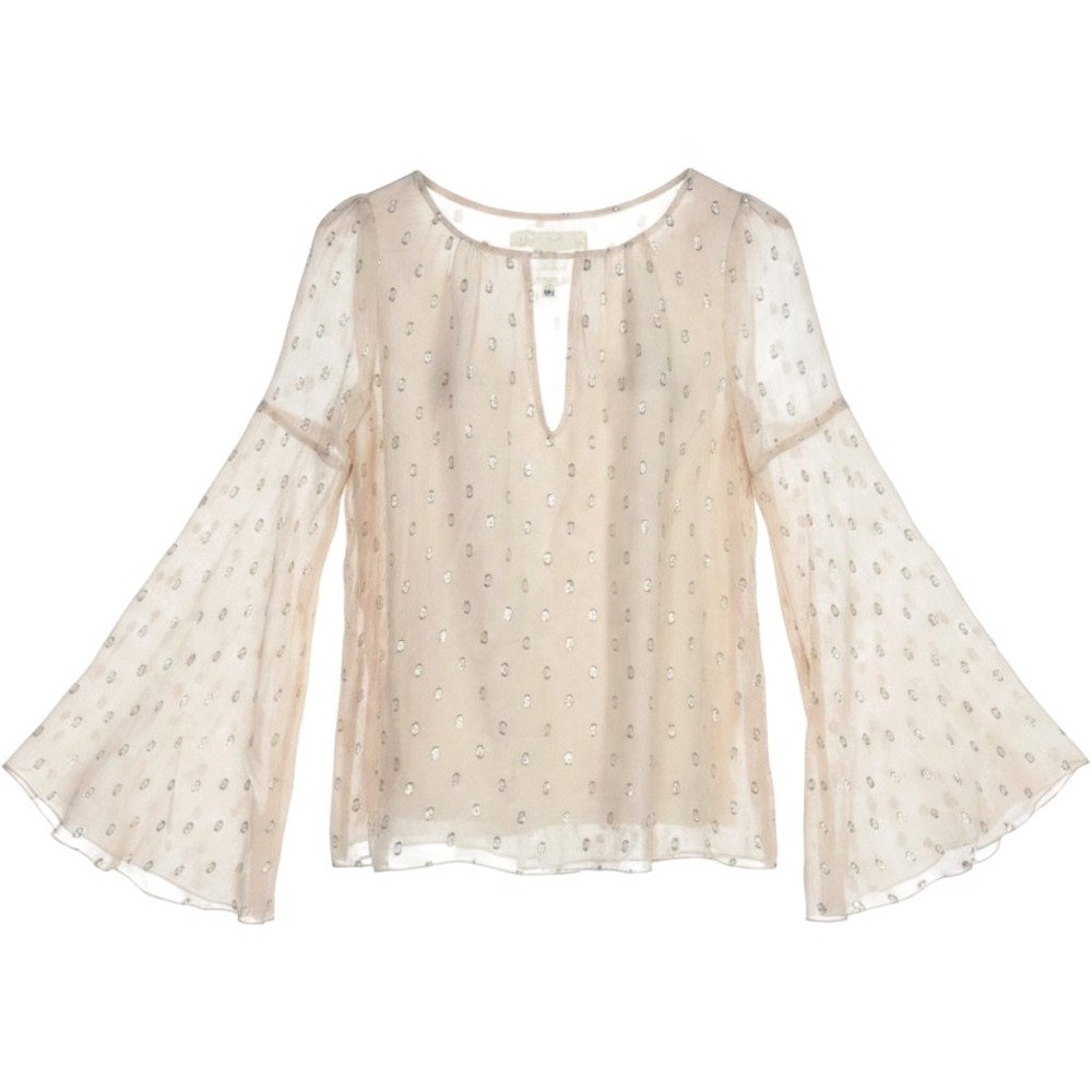 Love Johnny Was Bianca V-Neck‎ Metallic Silk  Blouse XS Bell Sleeve L10118-0